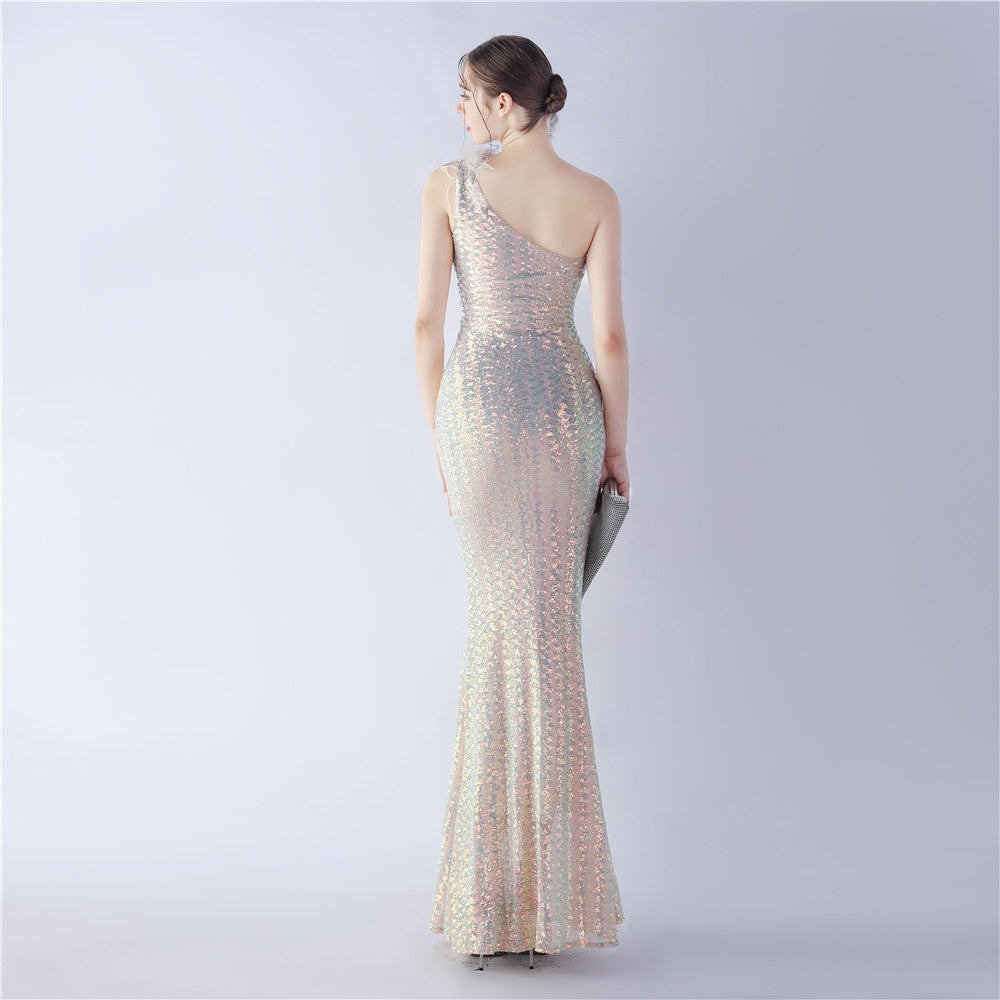 Asymmetric One-Shoulder Sequined Maxi Dress