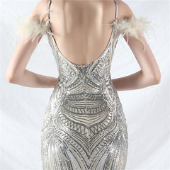 Sequin Ostrich-Feather Maxi Dress