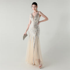 Backless Sequined Fishtail Maxi Dress