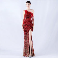 One-Shoulder Sequin Feather Maxi Dress
