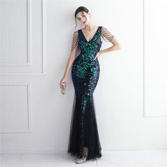 Sequined Beaded Fishtail Maxi Dress