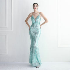 V-Neck Sequined Beaded Maxi Dress