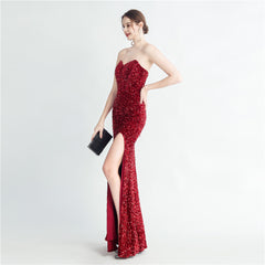 Sequin Boned Strapless Split Maxi Dress