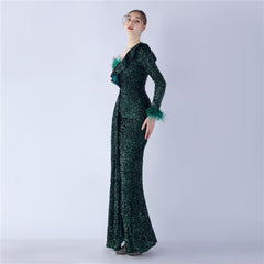 One-Shoulder Ostrich Feather Sequin Maxi Dress