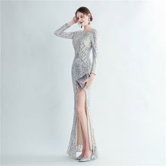 Sequined Split Long-Sleeve Maxi Dress