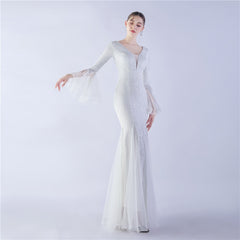 V-Neck Sequined Mesh Maxi Dress