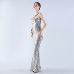 Sequin Beaded One-Shoulder Maxi Dress