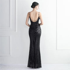 V-Neck Sequined Beaded Maxi Dress