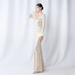 V-Neck Ostrich Feather Sequin Maxi Dress