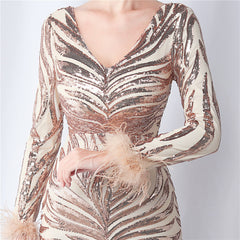 V-Neck Ostrich Feather Sequin Maxi Dress