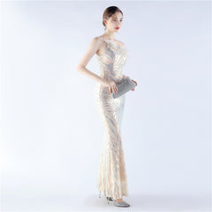 One-Shoulder Sequined Ostrich Feather Dress