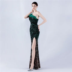 One-Shoulder Sequin Feather Maxi Dress