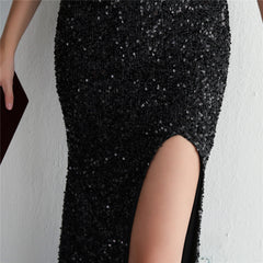 One-Shoulder Sequined Beaded Fishtail Maxi Dress