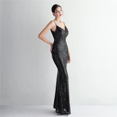 V-Neck Sequin Lace Maxi Dress