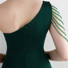 Beaded One-Shoulder Fishtail Maxi Dress