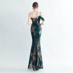 One-Shoulder Ostrich Feather Beaded Maxi Dress