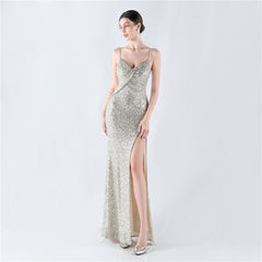 Sequined Ruched Split Maxi Dress