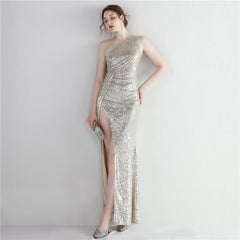 Sequin One-Shoulder Fishtail Maxi Dress