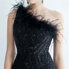 One-Shoulder Sequin Feather Maxi Dress