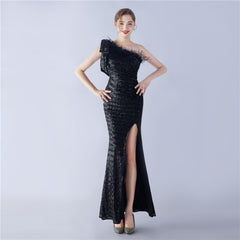 Sequined One-Shoulder Ostrich-Feather Maxi Dress
