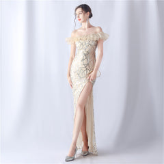 Sequined Embroidered Off-Shoulder Maxi Dress