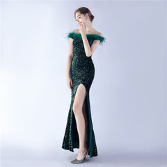 Off-Shoulder Sequin Feather Maxi Dress
