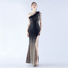 One-Shoulder Ombre Sequin Feather Dress