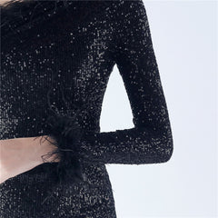 One-Shoulder Sequined Feather Dress