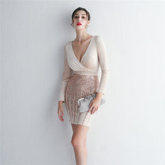 Sequined V-Neck Long-Sleeve Fishtail Dress