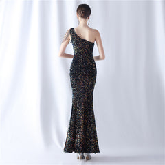 One-Shoulder Beaded Sequin Split Maxi Dress