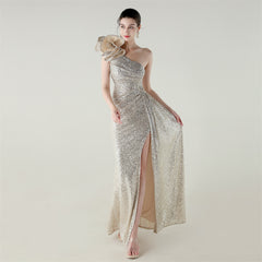 One-Shoulder Sequined Beaded Fishtail Maxi Dress