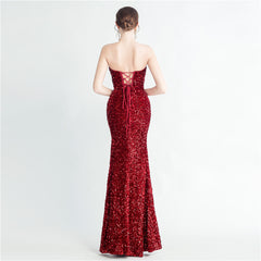 Sequin Boned Strapless Split Maxi Dress
