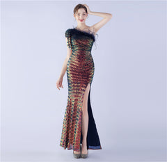 Sequined One-Shoulder Ostrich-Feather Maxi Dress