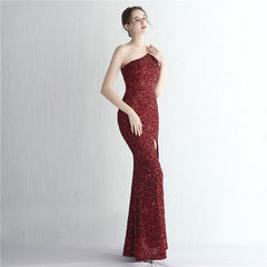 One-Shoulder Sequined Fishtail Split Maxi Dress