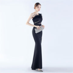 One-Shoulder Rhinestone Diagonal Collar Maxi Dress