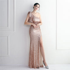 Sequined One-Shoulder Fishtail Maxi Dress