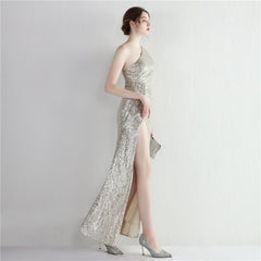 Sequin One-Shoulder Fishtail Maxi Dress