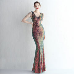 Sequined V-Neck Fishtail Maxi Dress