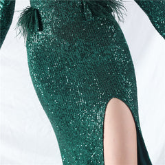 Ostrich Feather Sequin Split Maxi Dress