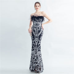 Ostrich Feather Strapless Maxi Dress