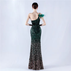 One-Shoulder Sequined Feather Maxi Dress