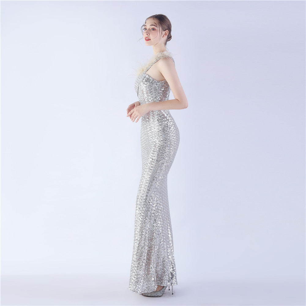 Asymmetric One-Shoulder Sequined Maxi Dress