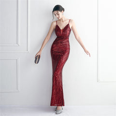 V-Neck Sequined Beaded Maxi Dress