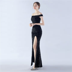 Off-Shoulder Sequin Split Maxi Dress