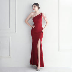 Beaded One-Shoulder Split Maxi Dress