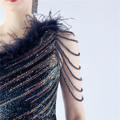 One-Shoulder Ombre Sequin Feather Dress