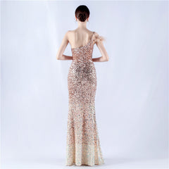 One-Shoulder Sequined Feather Maxi Dress