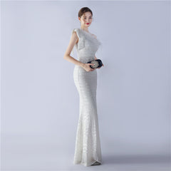 Sequined One-Shoulder Ostrich-Feather Maxi Dress
