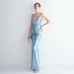 V-Neck Sequin Lace Maxi Dress