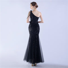 Beaded Sequined Ostrich Feather Maxi Dress
